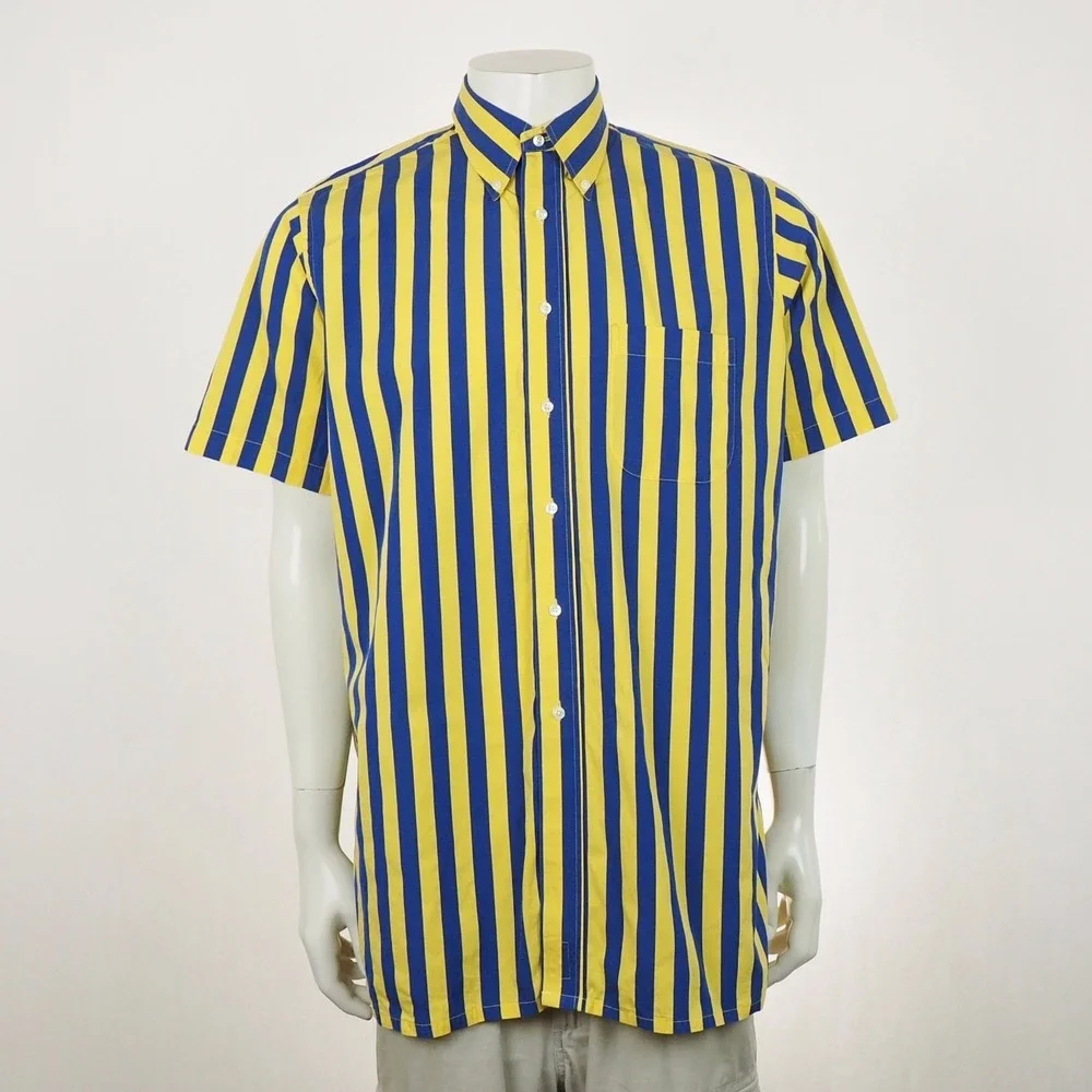 Maus & Hoffman Button Down Shirt Mens Large Yellow Blue Striped Pocket Cotton